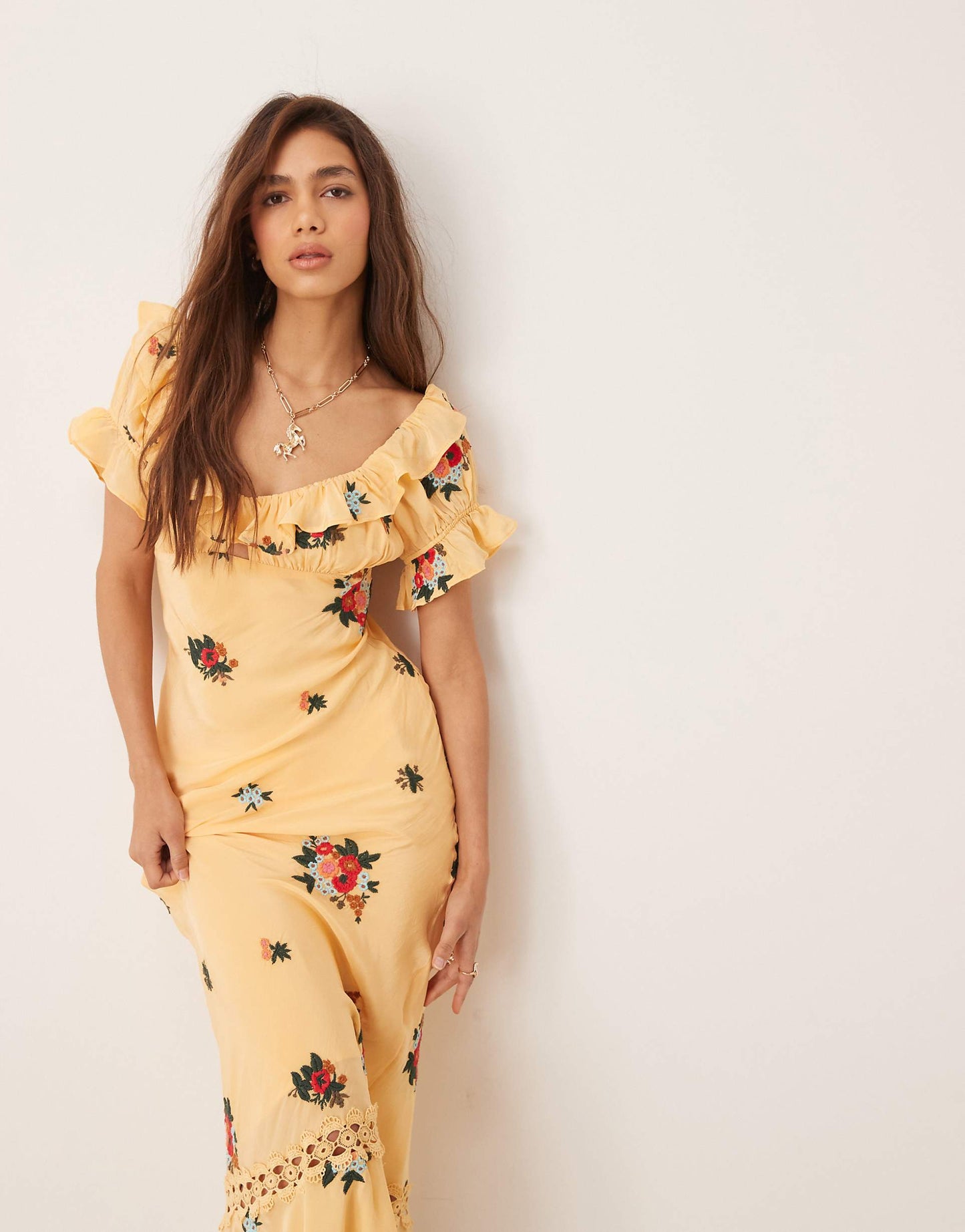 Floral Embroidered Puff Sleeve Maxi Dress