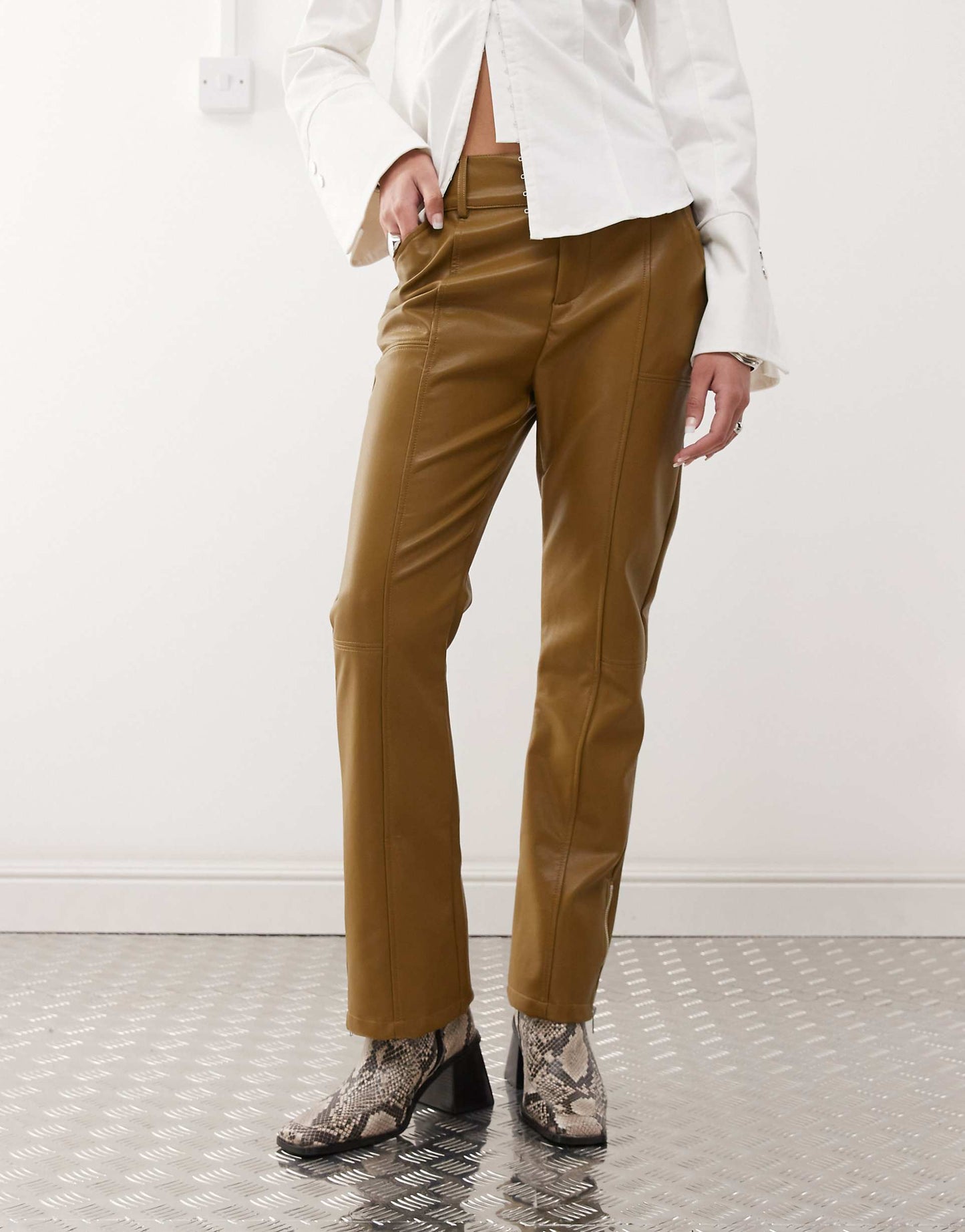 Faux Leather Thong Panel Trousers