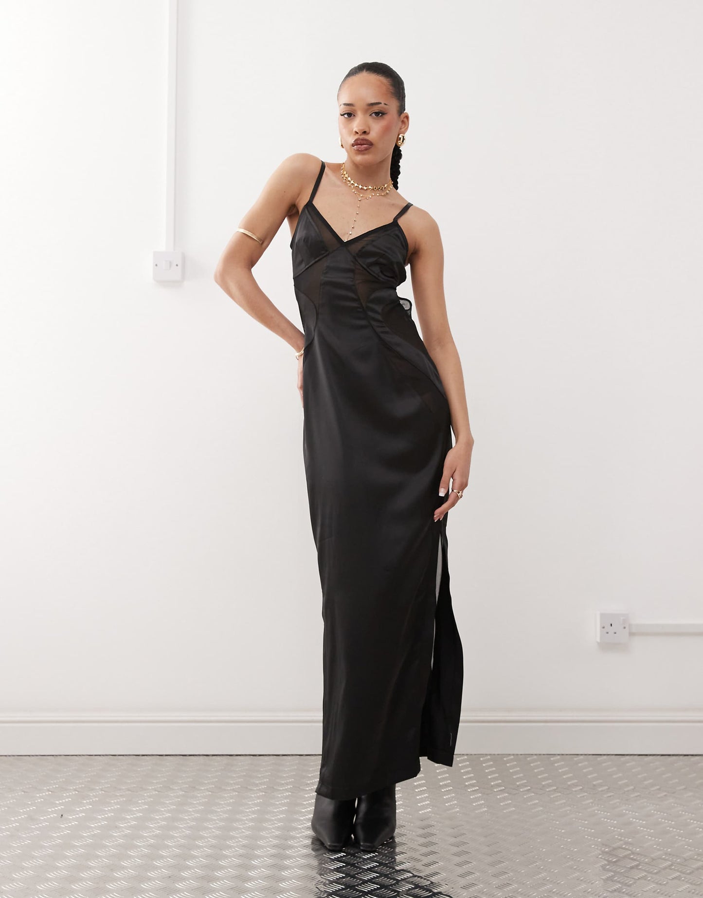 Satin Mesh Cut-Out Maxi Dress