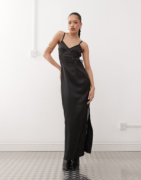 Satin Mesh Cut-Out Maxi Dress