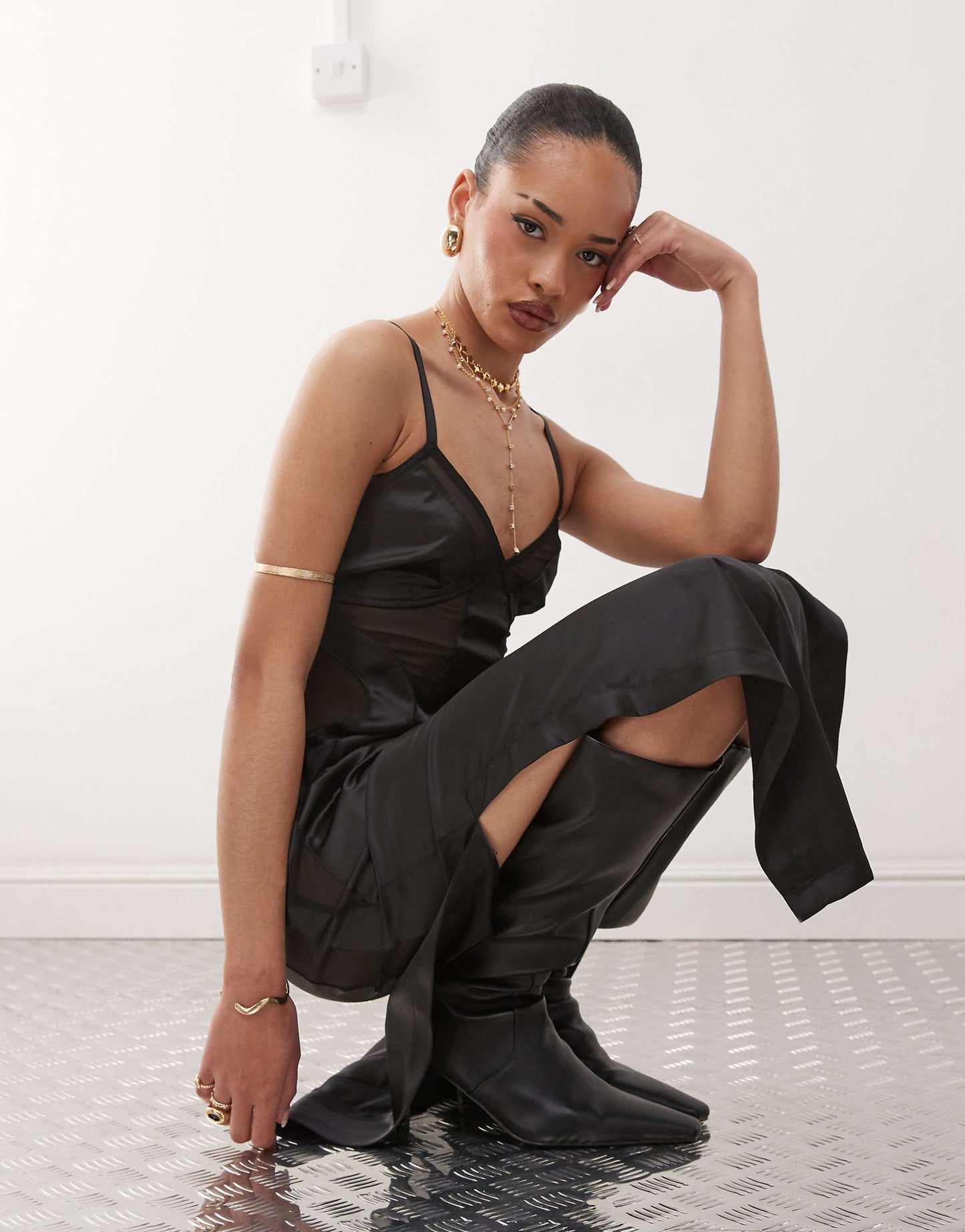 Satin Mesh Cut-Out Maxi Dress