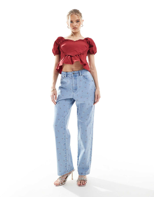 Exclusive Straight Leg Bow Print Jeans Co-Ord