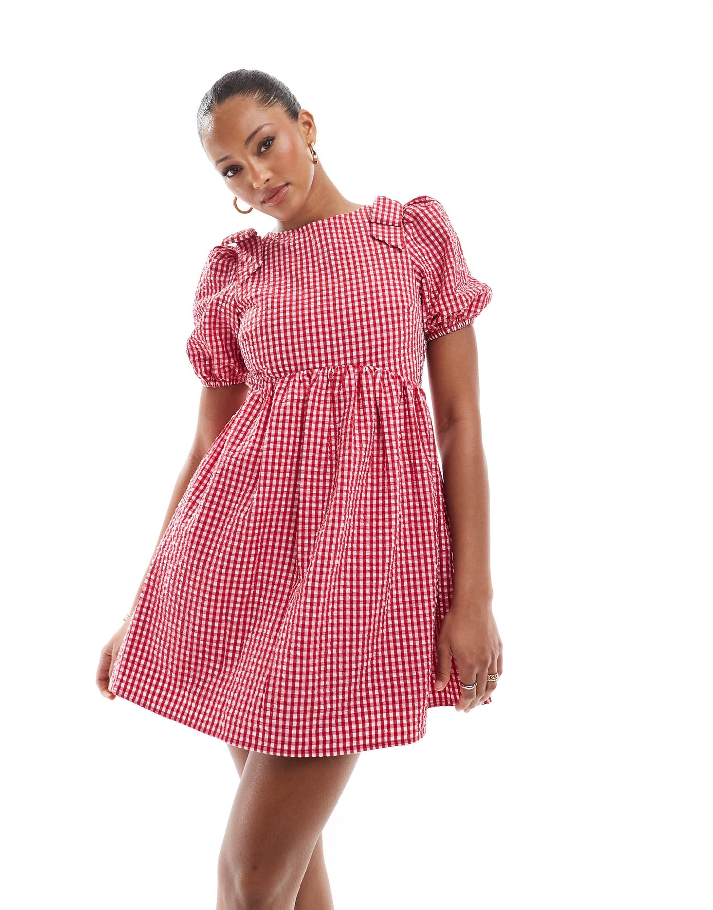 Exclusive Bow Shoulder Puff Sleeve Tie Back Mini Smock Dress