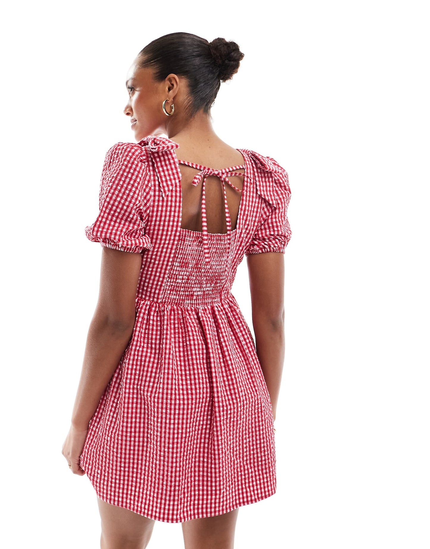 Exclusive Bow Shoulder Puff Sleeve Tie Back Mini Smock Dress