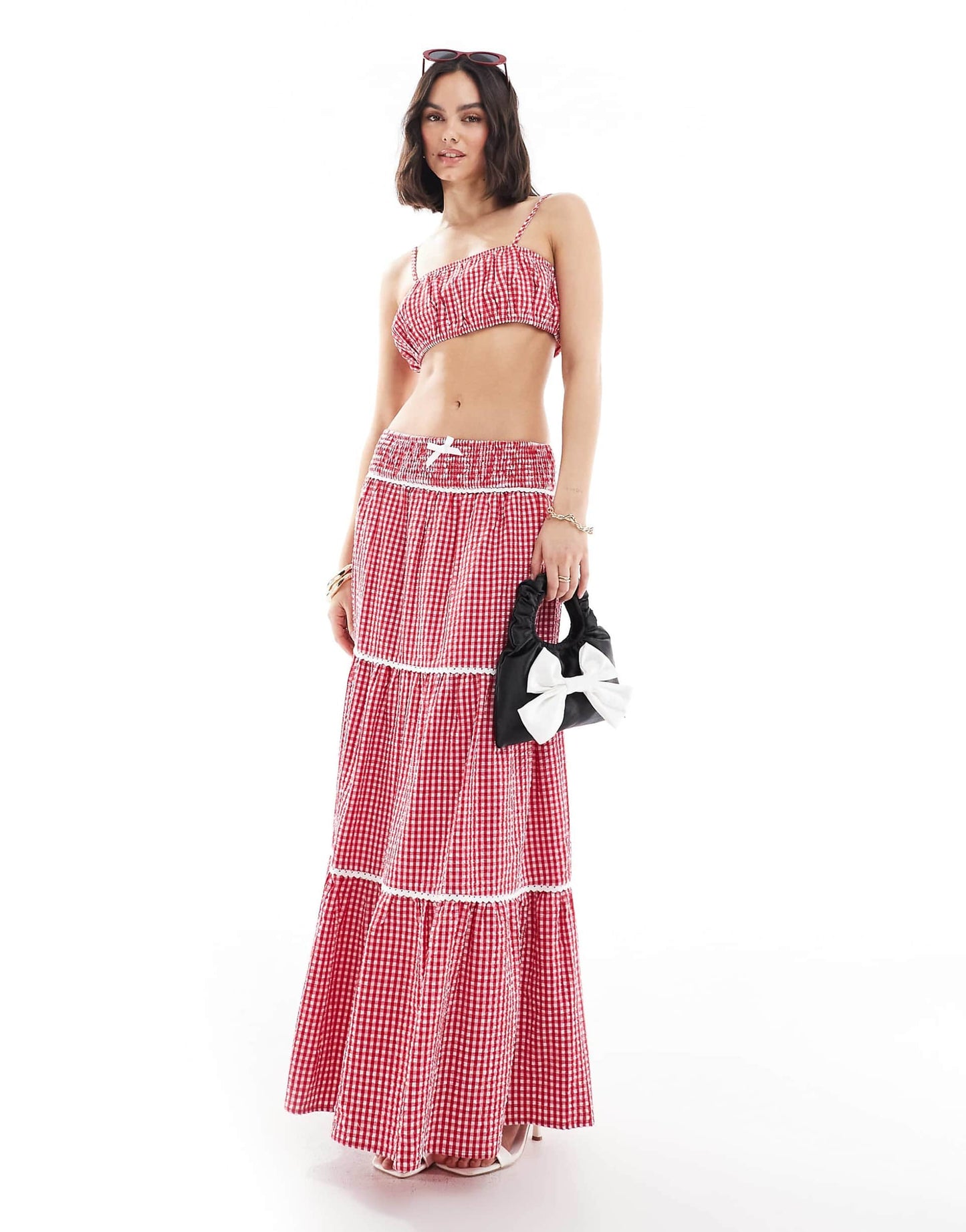 Exclusive Shirred Waist Tiered Lace Trim Maxi Skirt Co-Ord
