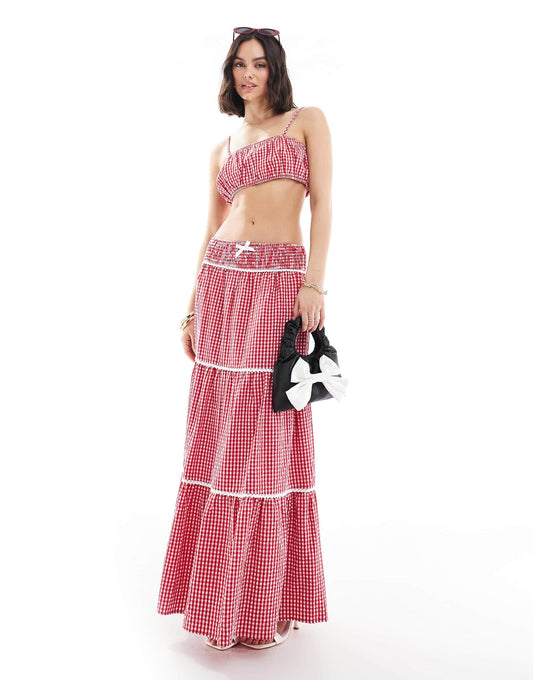 Exclusive Shirred Waist Tiered Lace Trim Maxi Skirt Co-Ord