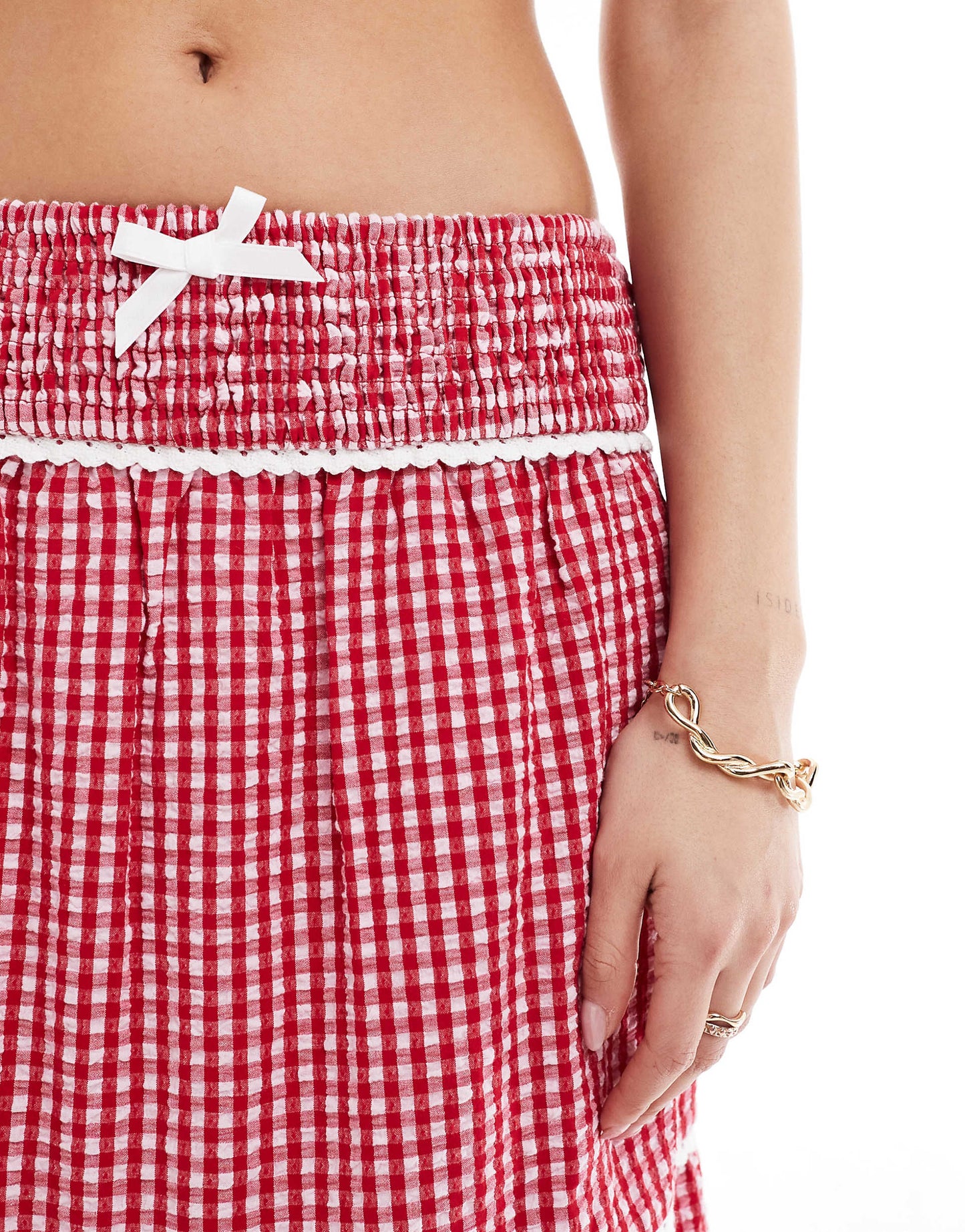 Exclusive Shirred Waist Tiered Lace Trim Maxi Skirt Co-Ord