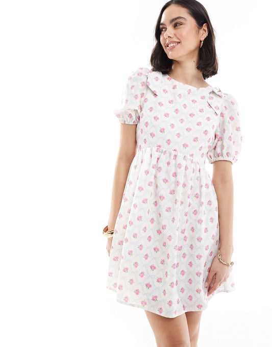 Exclusive Bow Shoulder Puff Sleeve Tie Back Mini Smock Dress