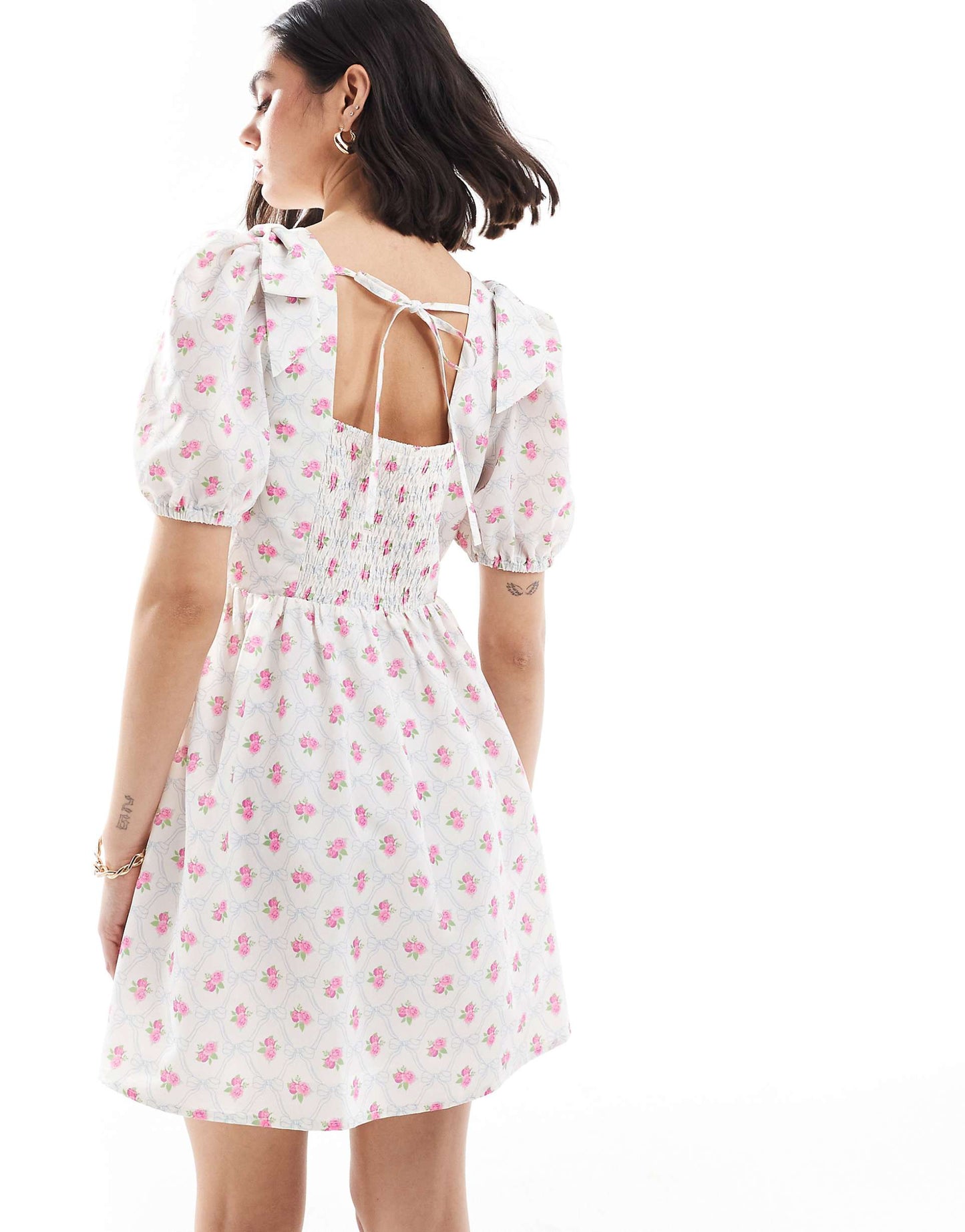 Exclusive Bow Shoulder Puff Sleeve Tie Back Mini Smock Dress