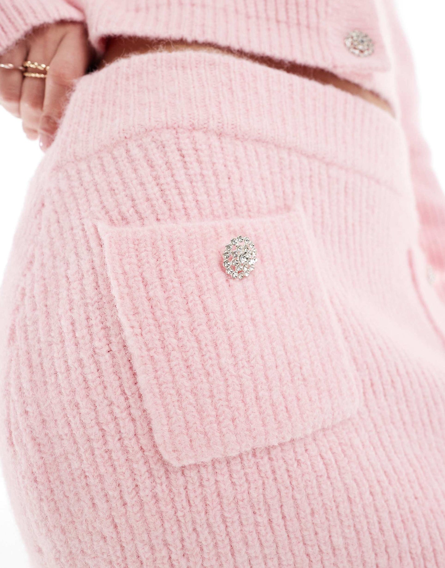 Exclusive Fluffy Knit Diamante Pocket Detail Mini Skirt Co-Ord