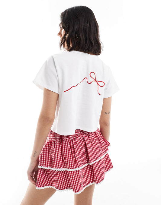 Exclusive Bow Embroidered Cropped T-Shirt Co-Ord