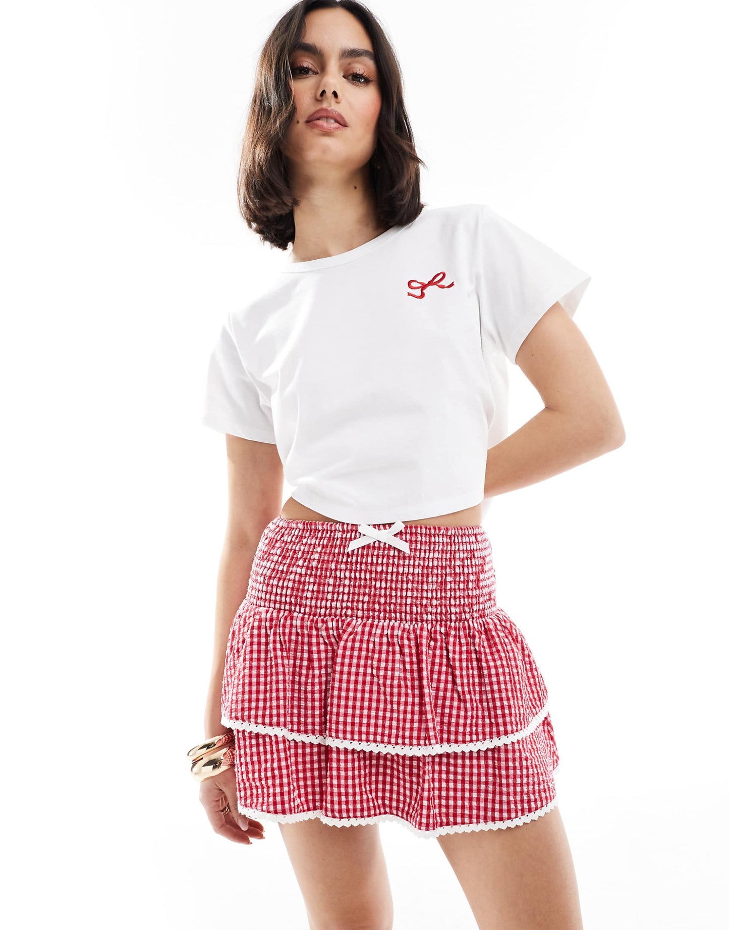 Exclusive Shirred Waist Tiered Lace Trim Rara Mini Skirt Co-Ord
