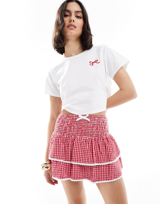Exclusive Shirred Waist Tiered Lace Trim Rara Mini Skirt Co-Ord