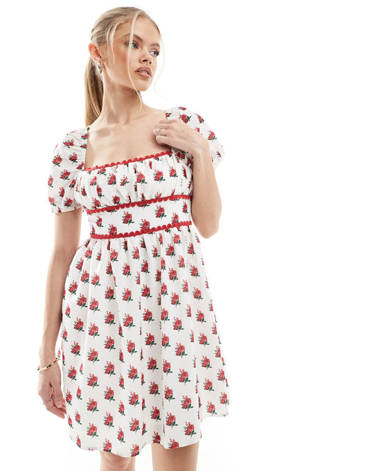 Exclusive Scallop Trim Square Neck Puff Sleeve Bow Tie Back Mini Dress