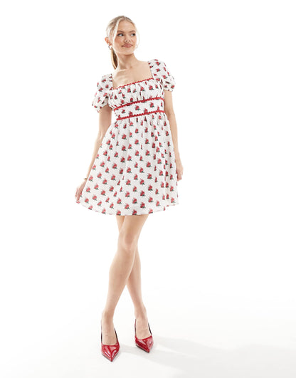Exclusive Scallop Trim Square Neck Puff Sleeve Bow Tie Back Mini Dress