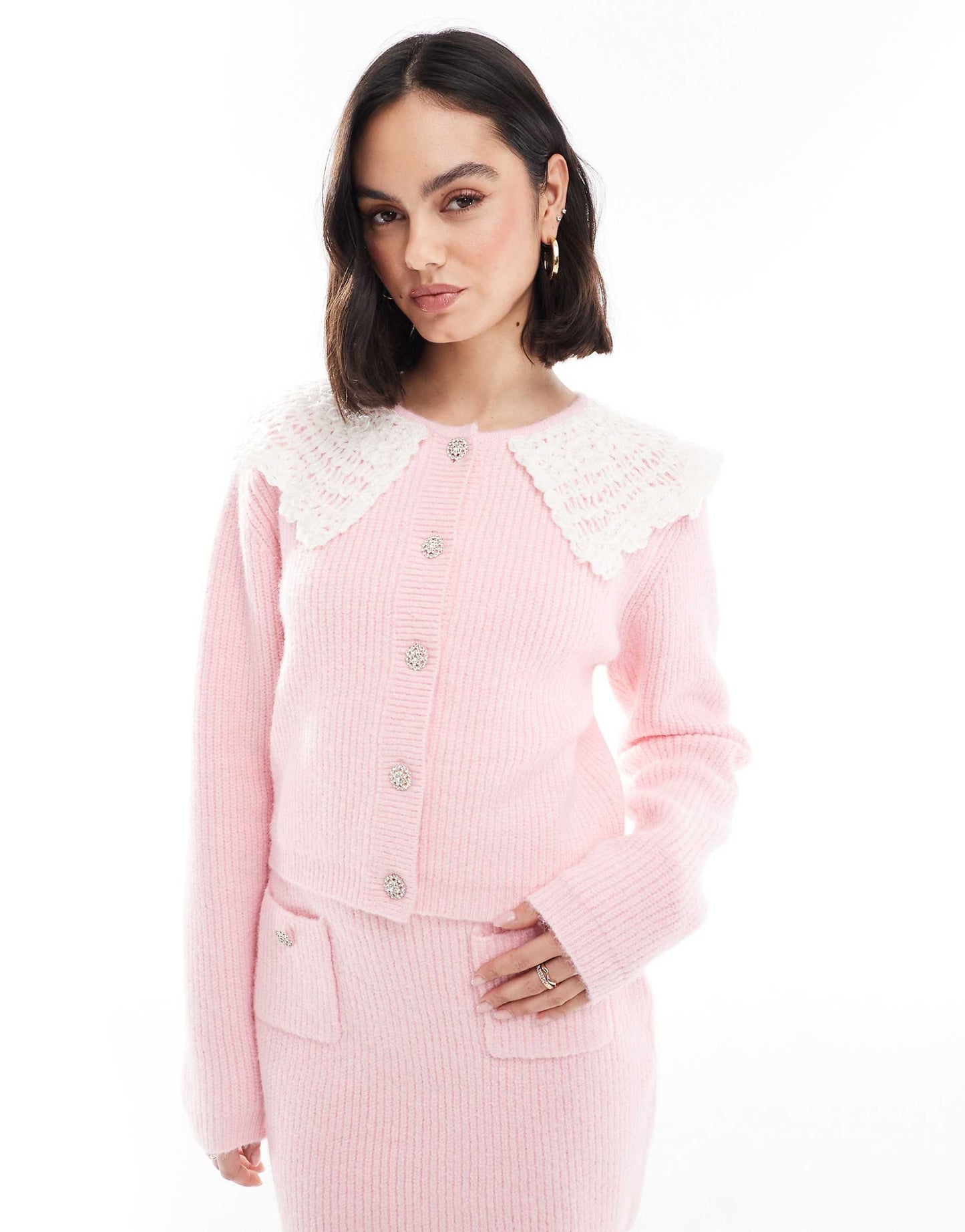 Exclusive Fluffy Knit Crochet Collar Diamante Button Detail Cardigan Co-Ord