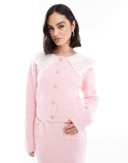 Exclusive Fluffy Knit Crochet Collar Diamante Button Detail Cardigan Co-Ord