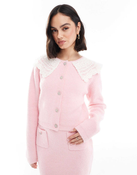 Exclusive Fluffy Knit Crochet Collar Diamante Button Detail Cardigan Co-Ord