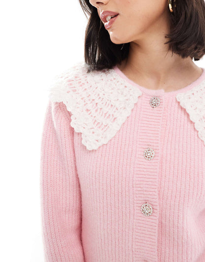 Exclusive Fluffy Knit Crochet Collar Diamante Button Detail Cardigan Co-Ord