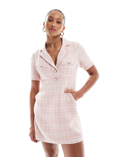 Exclusive Short Sleeve Heart Button Detail Tailored Boucle Mini Dress