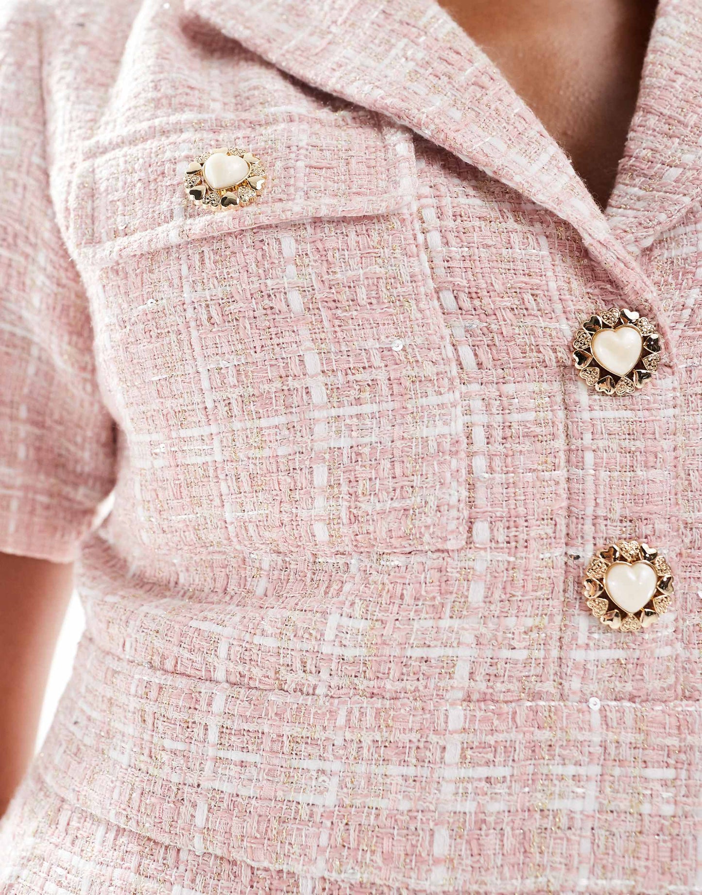 Exclusive Short Sleeve Heart Button Detail Tailored Boucle Mini Dress