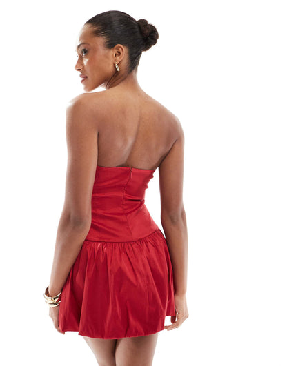 Exclusive Bandeau Bow Detail Cut Out Satin Puffball Mini Dress