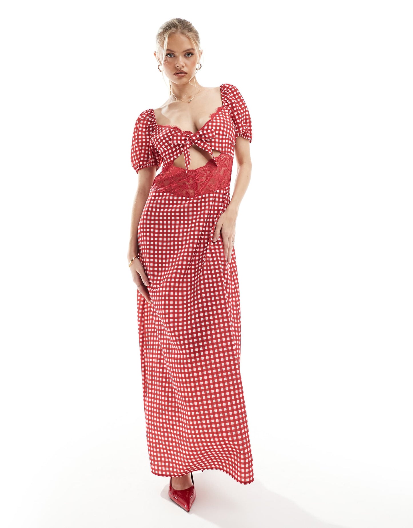 Exclusive Lace Insert Cut Out Puff Sleeve Satin Maxi Dress