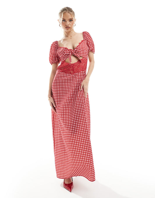 Exclusive Lace Insert Cut Out Puff Sleeve Satin Maxi Dress
