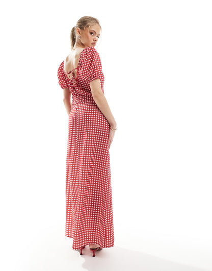 Exclusive Lace Insert Cut Out Puff Sleeve Satin Maxi Dress