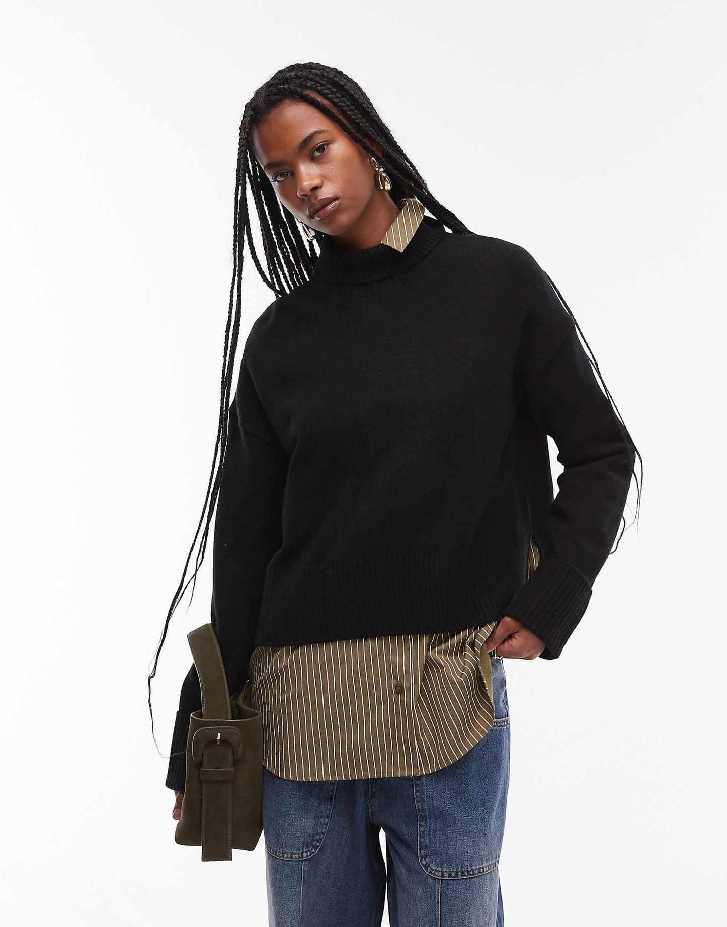 Wool Knitted Rib Funnel Neck  Sweater With Split Back Neck And Turn Up Cuffs