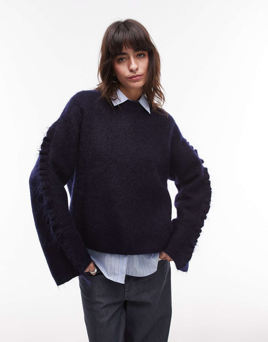 Fluffy Mohair Wool Blend Sweater With Wide Sleeves