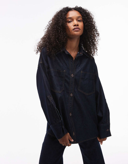 Denim Oversized Shirt With Pocket Detailing