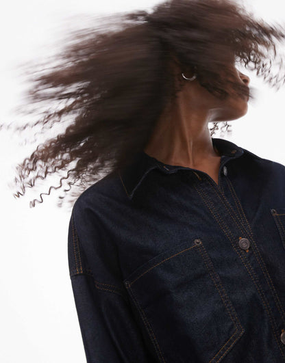 Denim Oversized Shirt With Pocket Detailing