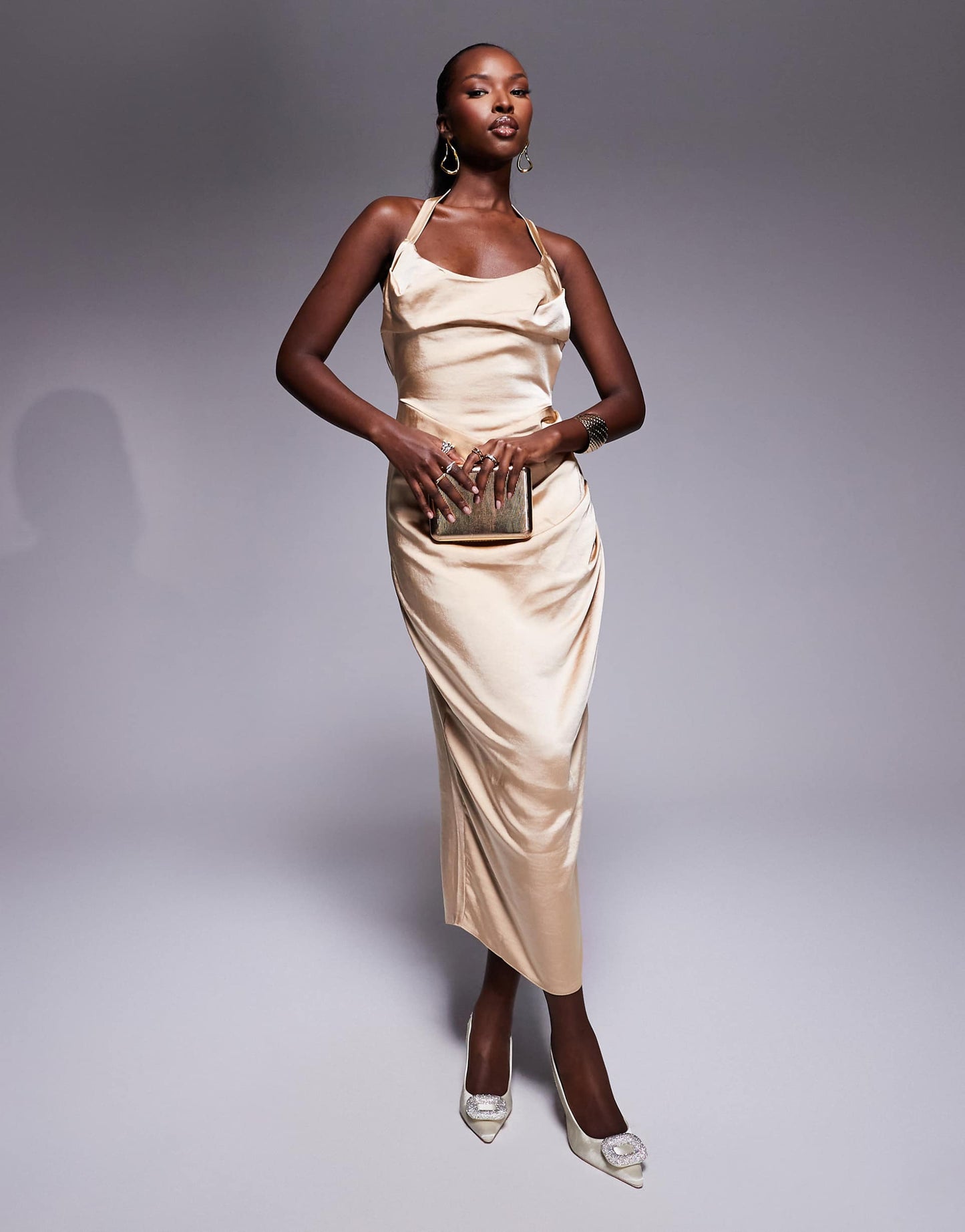 Halter Neck Cowl Front Satin Midaxi Dress