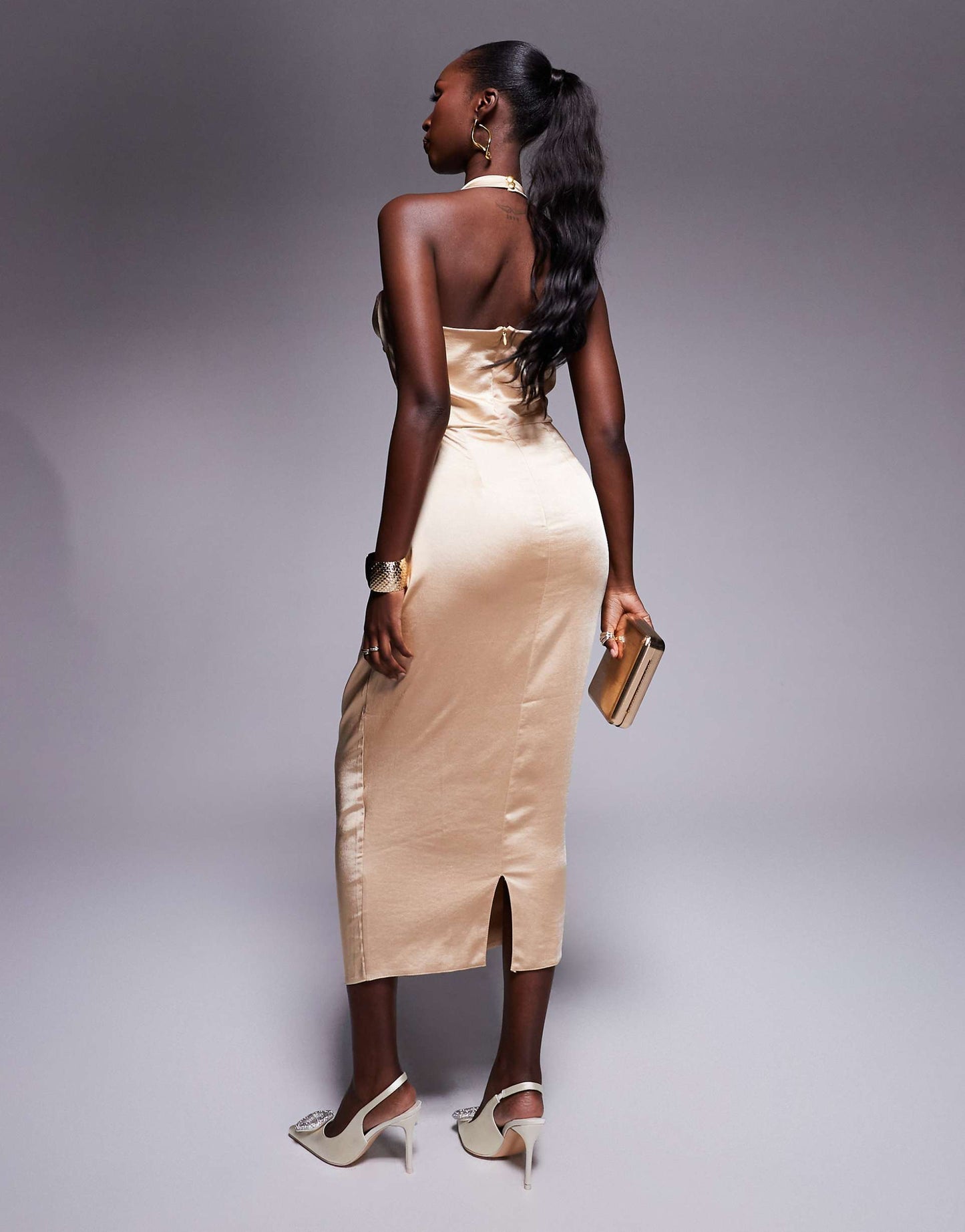 Halter Neck Cowl Front Satin Midaxi Dress