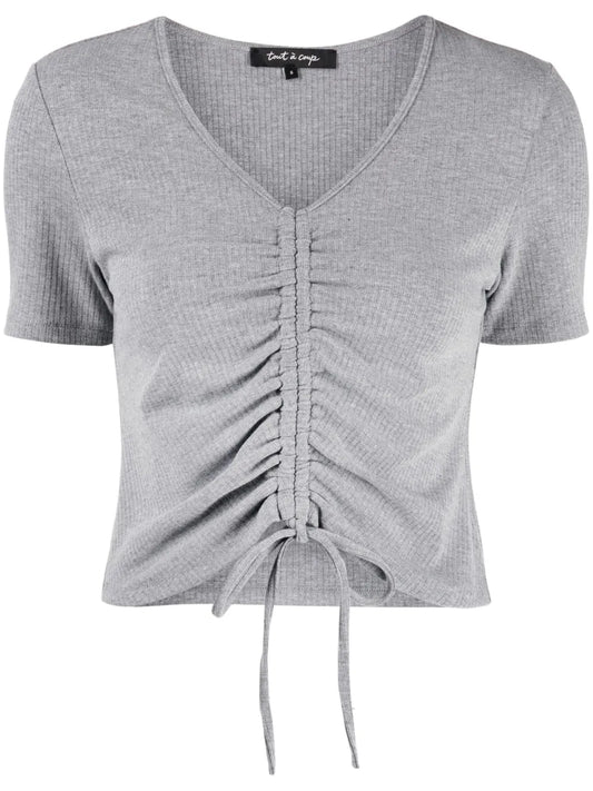 Ribbed-Knit Drawstring Cropped Top