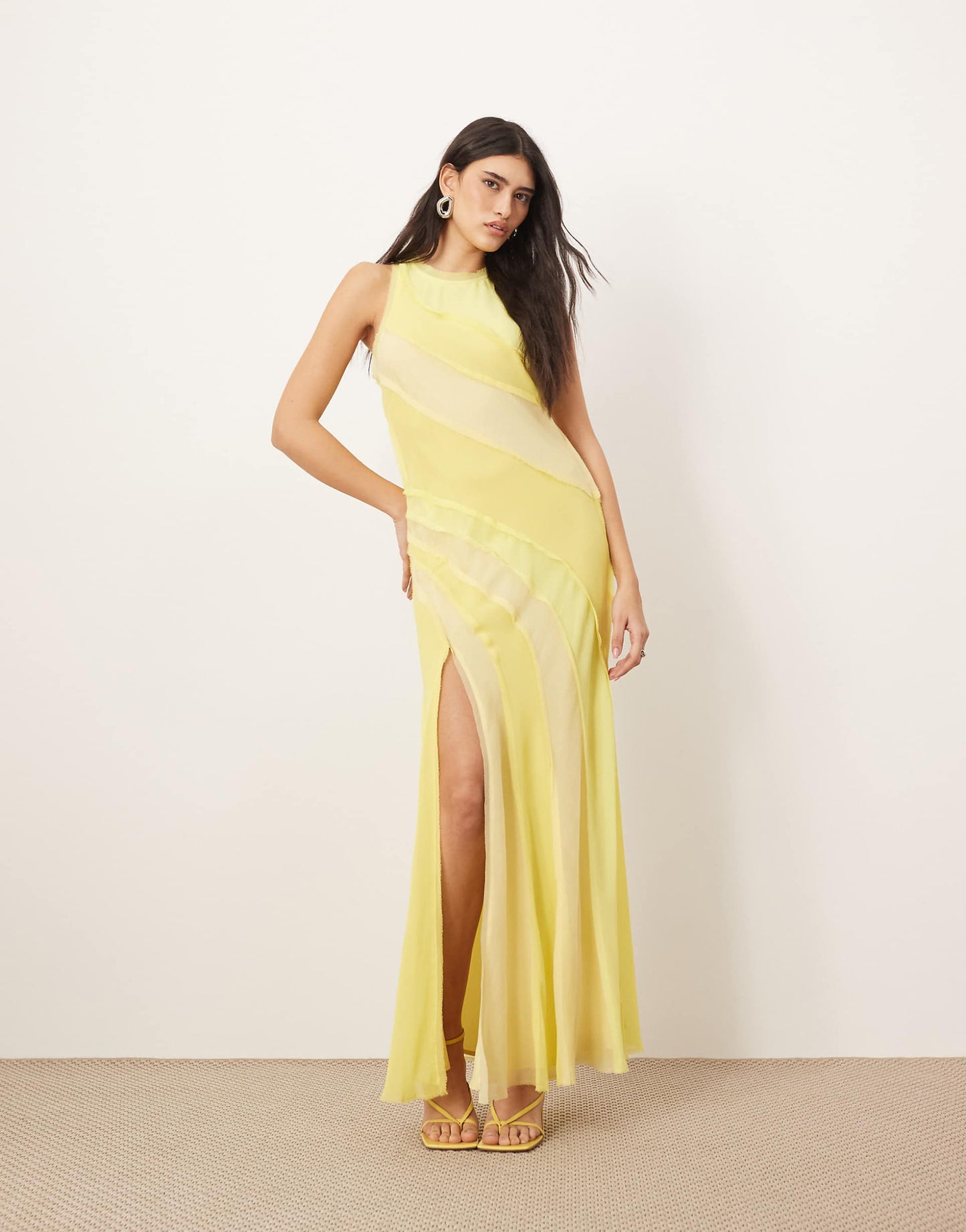 Racer Neck Raw Edge Panelled Maxi Dress