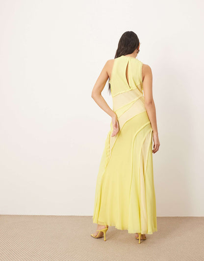 Racer Neck Raw Edge Panelled Maxi Dress