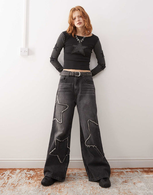 London Washed Distressed Baggy Jeans With Star Graphic
