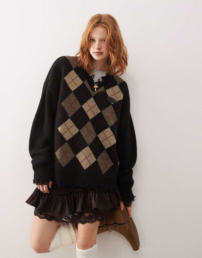 London Argyle V-Neck Jumper With Distressed Edges