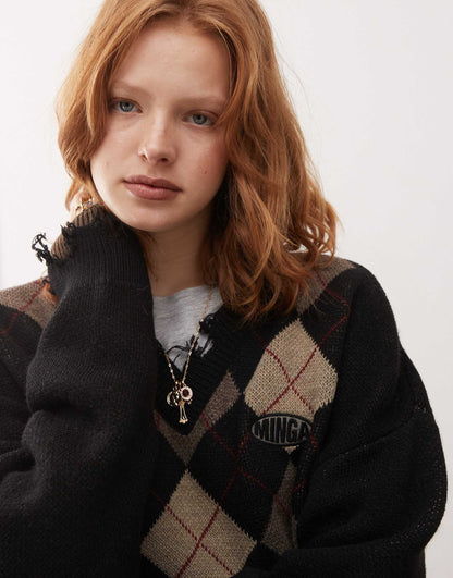 London Argyle V-Neck Jumper With Distressed Edges