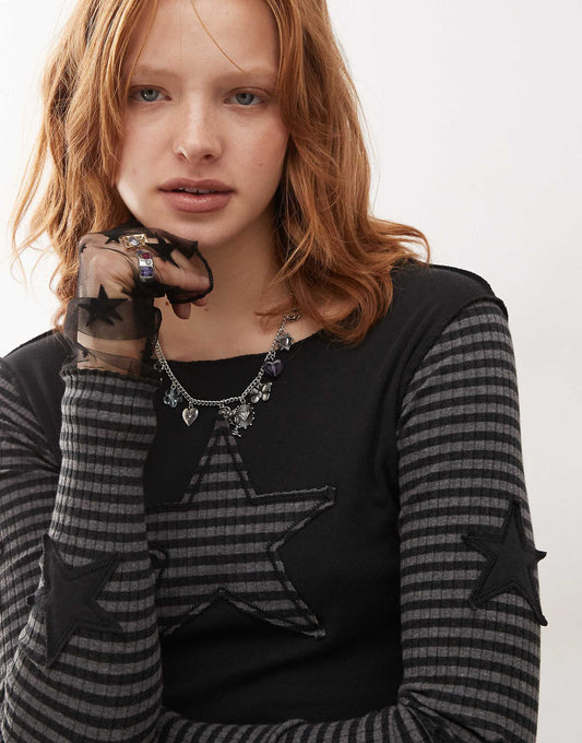 London Long Sleeve Striped Star Patch Top