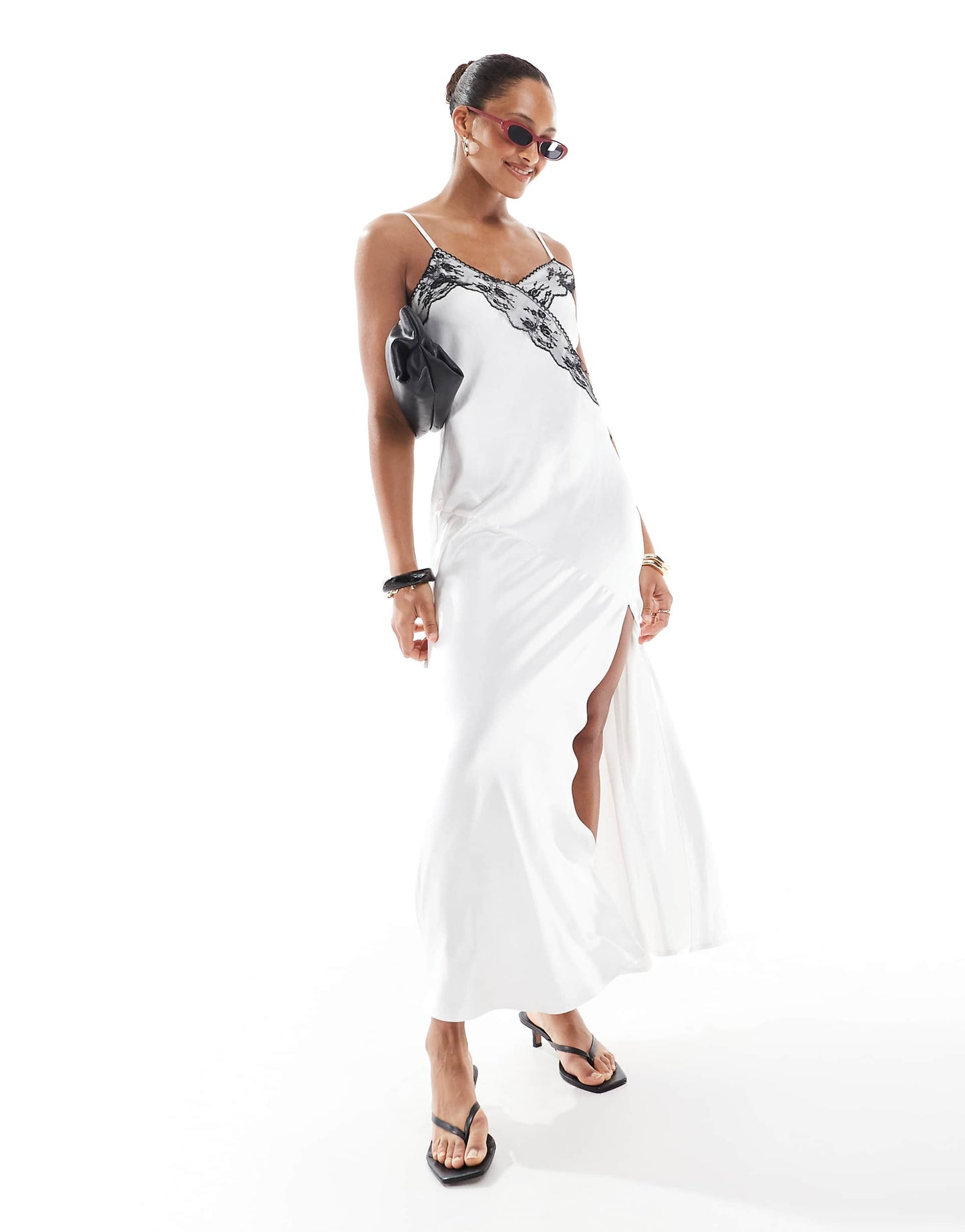 Contrast Lace Detail Thigh Split Satin Cami Maxi Dress