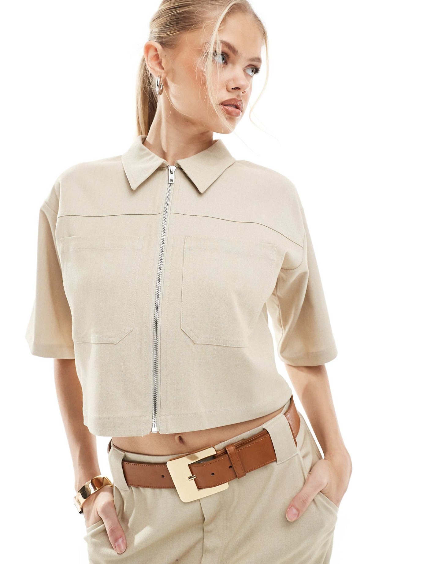 Tailored Zip Through Cropped Boxy Shirt Co-Ord