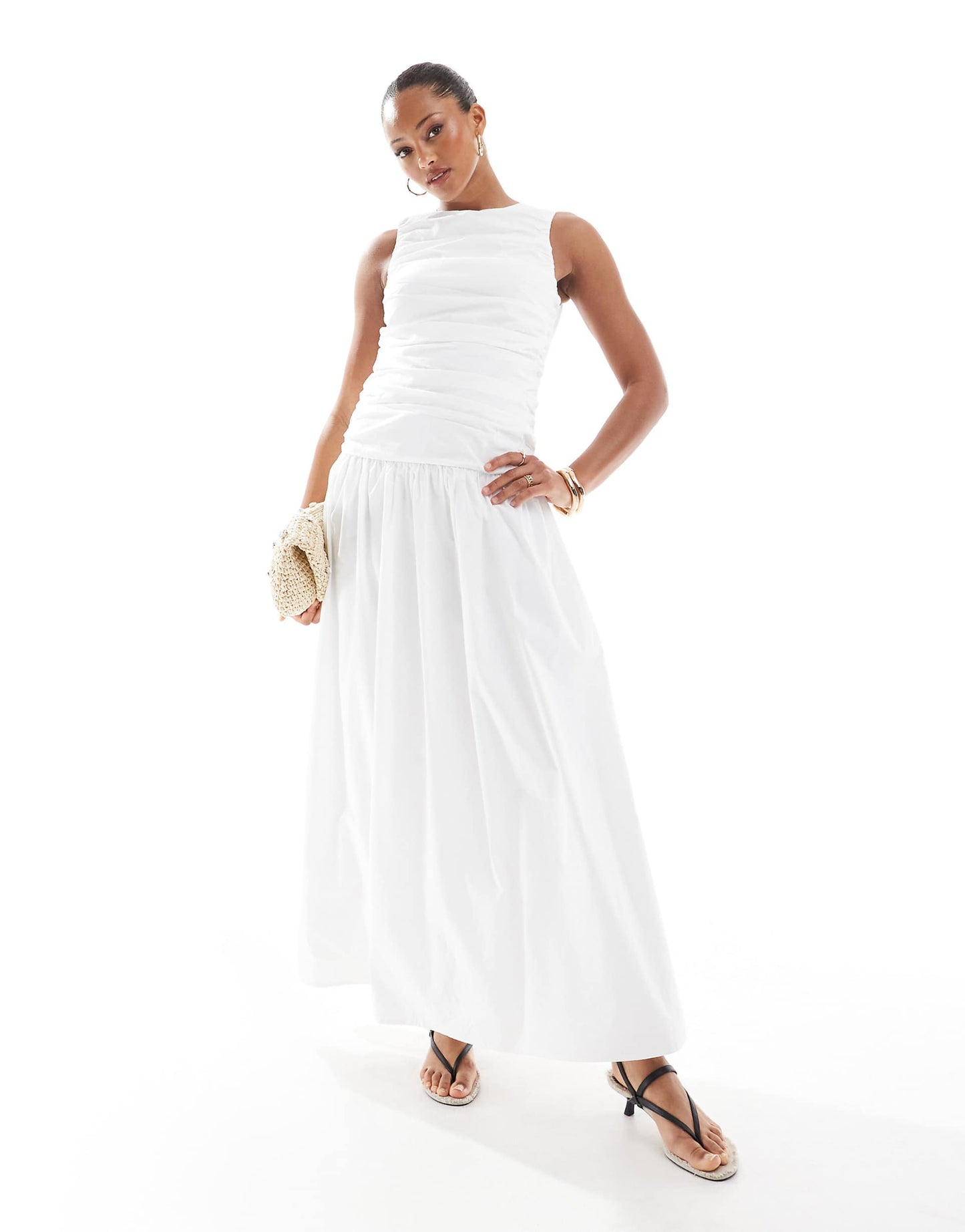 Ruched Poplin Sleeveless Drop Waist Maxi Dress