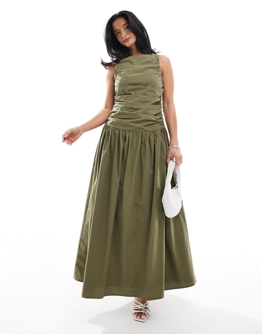 Petite Ruched Poplin Sleeveless Drop Waist Maxi Dress