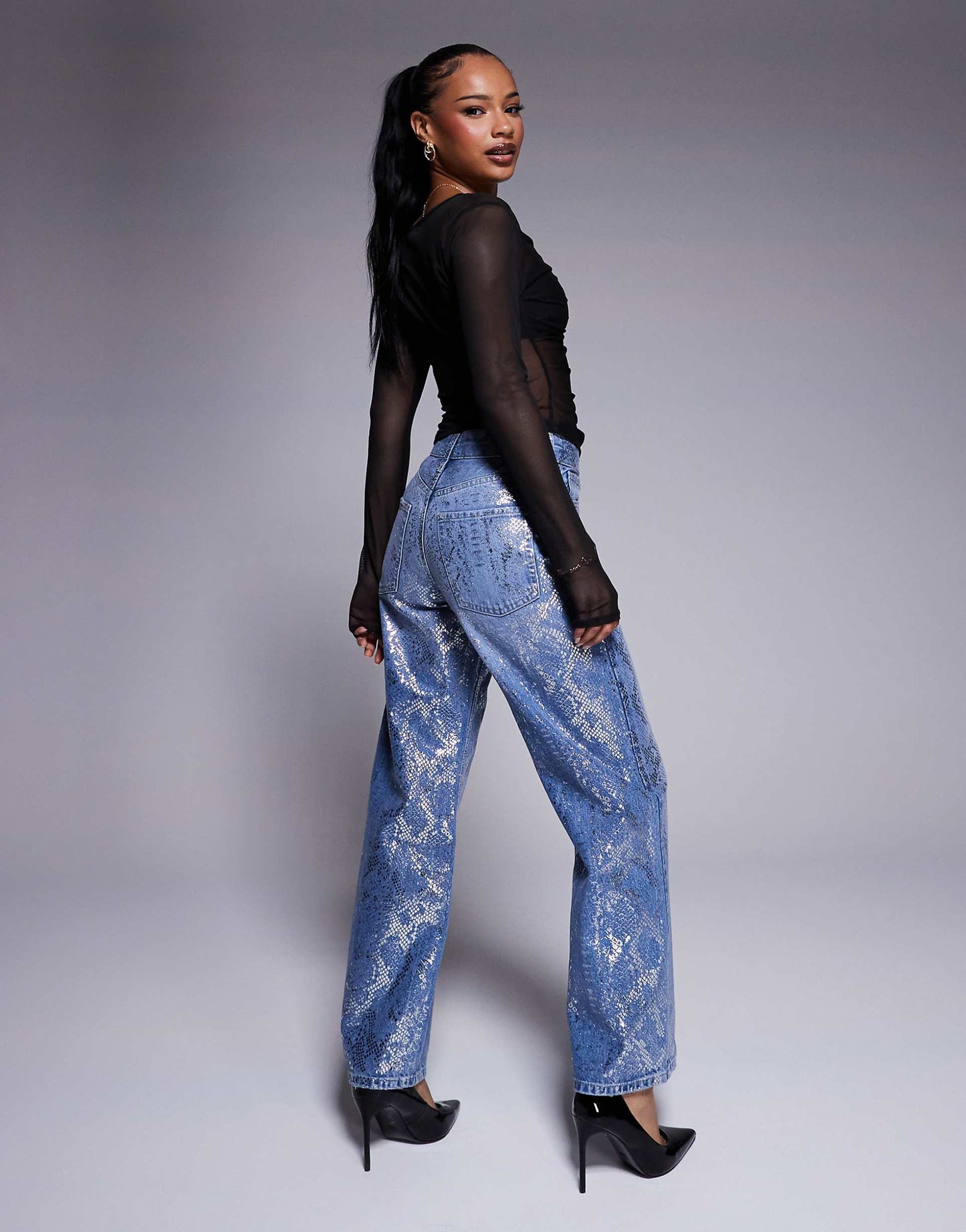 Petite Foil Snake Print Relaxed Straight Jean