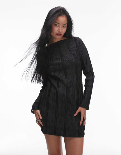 Plisse Long Sleeve Mini Dress