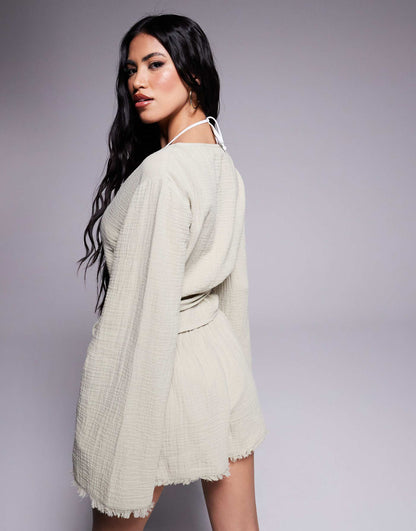 Callie Cheesecloth Frayed Wrap Front Beach Shirt