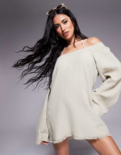 Callie   Cheesecloth Frayed Long Sleeve Beach Dress